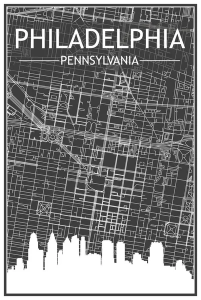 Dark Printout City Poster Panoramic Skyline Streets Network Dark Gray —  Vetores de Stock