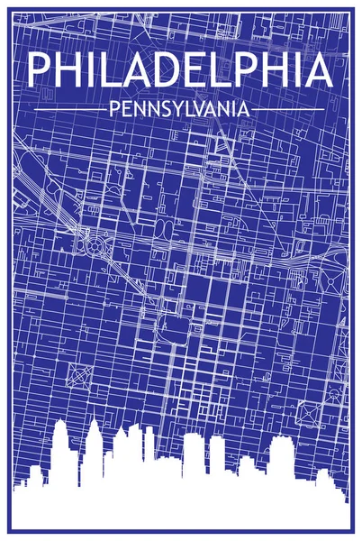 Technical Drawing Printout City Poster Panoramic Skyline Streets Network Blue —  Vetores de Stock