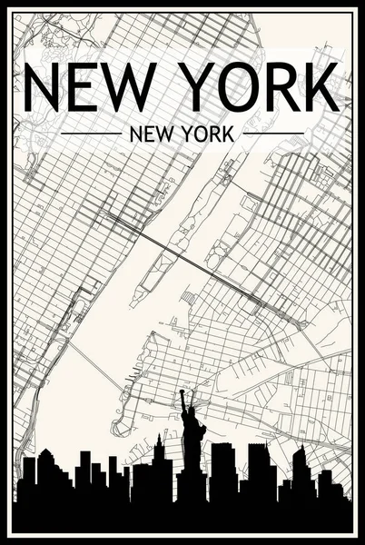 Light Printout City Poster Panoramic Skyline Streets Network Vintage Beige — Image vectorielle
