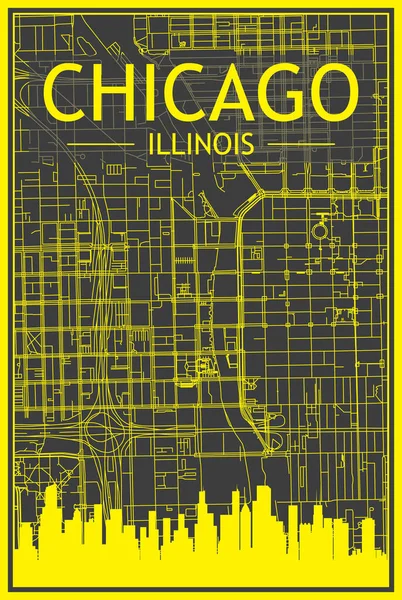 Yellow printout city poster with panoramic skyline and streets network on dark gray background of the downtown CHICAGO, ILLINOIS