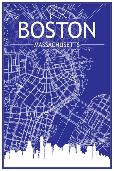 ダウンタウンの青い背景にパノラマのスカイラインと通りのネットワークを持つ技術的な図面印刷都市ポスターボストン Massacusetts — ストックベクタ