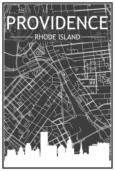 ダウンタウンProvence Rhode Islandの暗い灰色の背景にパノラマのスカイラインと通りのネットワークを持つ暗い印刷都市のポスター — ストックベクタ