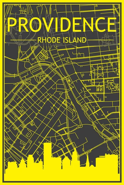 ダウンタウンProvence Rhode Islandの暗い灰色の背景にパノラマのスカイラインと通りのネットワークを持つ黄色の印刷都市ポスター — ストックベクタ