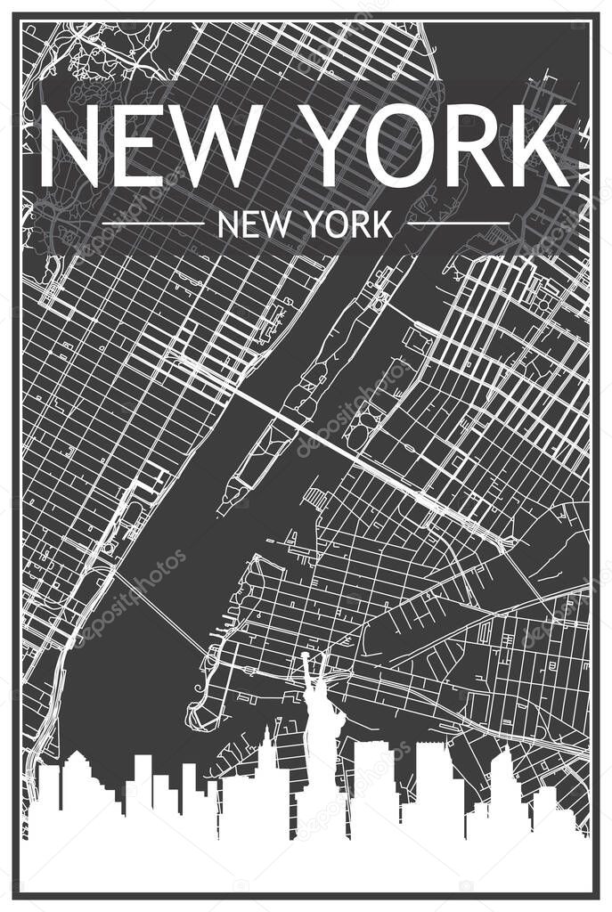Dark printout city poster with panoramic skyline and streets network on dark gray background of the downtown NEW YORK CITY, NEW YORK