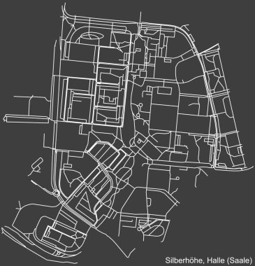Alman bölgesel başkenti Halle 'nin (Saale, Almanya' nın koyu gri arka planında) SILBERHHE DISTRICT kentsel yol haritasının ayrıntılı negatif navigasyon beyaz çizgileri