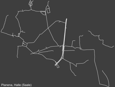 Alman bölgesel başkenti Halle 'nin (Saale, Almanya' nın koyu gri arka planında) PLANENA DISTRICT kentsel yol haritasının ayrıntılı negatif navigasyon beyaz çizgileri