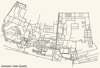 Alman bölgesel başkenti Halle 'nin (Saale) SDSTADT DISTRICT şehir haritasının ayrıntılı navigasyon kara hatları klasik bej arka planda Almanya