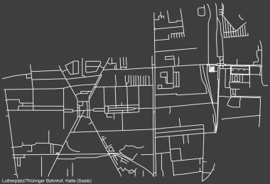 Detailed negative navigation white lines urban street roads map of the LUTHERPLATZ THRINGER BAHNHOF DISTRICT of the German regional capital city of Halle (Saale, Germany on dark gray background