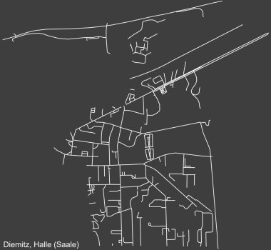 Alman bölgesel başkenti Halle 'nin (Saale, Almanya' nın koyu gri arka planında) DiemITZ DISTRICT şehir haritasının ayrıntılı negatif navigasyon beyaz çizgileri