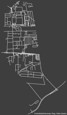 Detailed negative navigation white lines urban street roads map of the FREIIMFELDE KANENAER WEG DISTRICT of the German regional capital city of Halle (Saale, Germany on dark gray background
