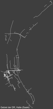 Alman bölgesel başkenti Halle 'nin (Saale, Almanya' nın koyu gri arka planında) GEBIET DR DISTRICT kentsel yol haritasının ayrıntılı negatif navigasyon beyaz çizgileri