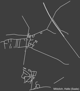 Alman bölgesel başkenti Halle 'nin MTZLICH DISTRICT kentsel yol haritası (Saale, Almanya koyu gri arka planda) ayrıntılı olumsuz navigasyon beyaz çizgileri