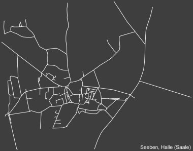 Alman bölgesel başkenti Halle 'nin (Saale, Almanya' nın koyu gri arka planında) SEEBEN DISTRICT şehir haritasının ayrıntılı olumsuz seyrüsefer beyaz çizgileri