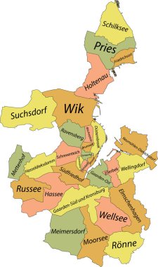 Pastel düz vektör idari haritası KIEL, GERMANY isim etiketleri ve kendi bölgelerinin siyah sınır çizgileri ile