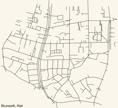 Almanya 'nın başkenti Kiel' in BRUNSWIK DISTRICT kentsel yol haritasının klasik bej arka planıyla ayrıntılı navigasyon siyah hatları