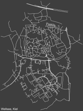 Almanya 'nın başkenti Kiel' in WELLSEE DISTRICT 'inin koyu gri arkaplan üzerindeki şehir caddeleri haritası
