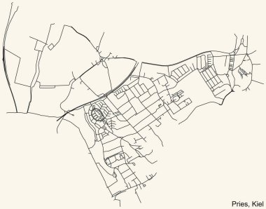 Alman bölgesel başkenti Kiel, Almanya 'nın PRIES DISTRICT kentinin klasik bej arkaplanlı kentsel sokak haritasının ayrıntılı navigasyon siyah hatları