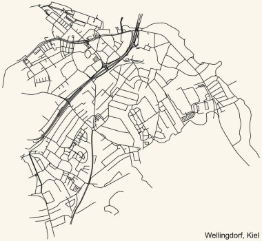 Alman bölgesel başkenti Kiel 'in WELLINGDORF DISTRICT şehir haritasının ayrıntılı navigasyon kara hatları klasik bej arka planda