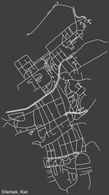Almanya 'nın başkenti Kiel' in ELLERBEK DISTRICT 'inin koyu gri arkaplan üzerindeki şehir caddelerinin detaylı haritası