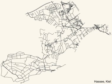 Alman bölgesel başkenti Kiel, Almanya 'nın HASSEE DISTRICT kentinin klasik bej arkaplanlı kentsel sokak haritasının ayrıntılı navigasyon siyah hatları