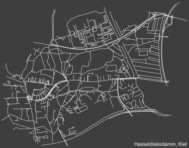 Almanya 'nın bölgesel başkenti Kiel' in HASSELDIEKSDAMM DISTRICT 'ının şehir caddeleri haritası, koyu gri arka plan üzerine ayrıntılı olumsuz navigasyon.