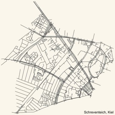 Almanya 'nın başkenti Kiel' in SCHREVENTEICH DISTRICT 'inin klasik bej arka planda yer alan kentsel yol haritasının ayrıntılı navigasyon siyah hatları