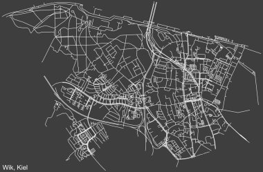 Almanya 'nın başkenti Kiel, Almanya' nın WIK DISTRICT kentinin şehir caddeleri haritası koyu gri arka planda ayrıntılı olarak çizildi
