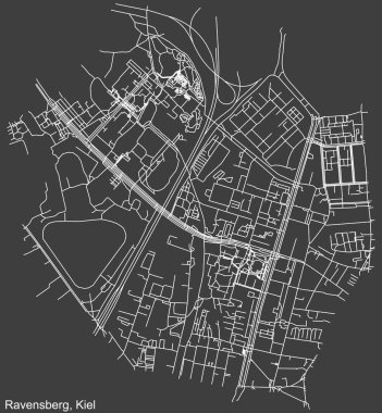 Almanya 'nın başkenti Kiel' deki RAVENSBERG DISTRICT 'in şehir caddelerinin haritası koyu gri arka planda ayrıntılı olarak çizildi
