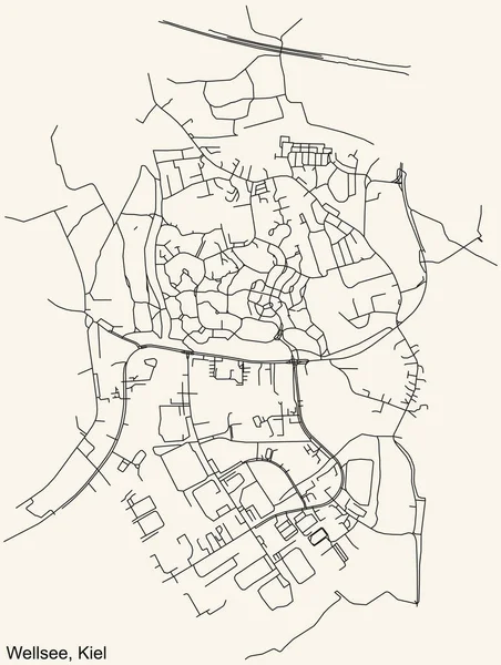 Navegación Detallada Black Lines Urban Street Roads Map Wellsee District — Vector de stock