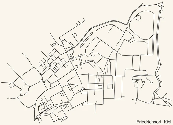 Navegação Detalhada Black Lines Urban Street Roads Mapa Distrito Friedrichsort — Vetor de Stock