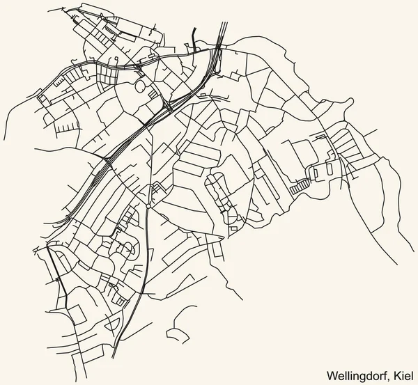 Detaillierte Navigation Schwarze Linien Stadtstraßenplan Des Wellingdorf District Der Landeshauptstadt — Stockvektor