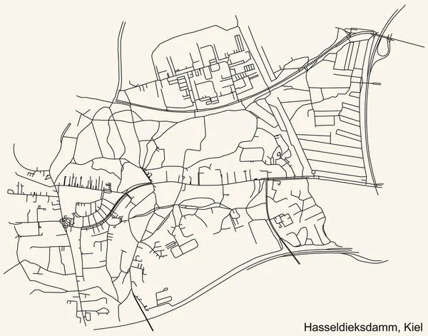 Detaillierte Navigation Schwarze Linien Stadtstraßenplan Des Hasseldieksdamm District Der Landeshauptstadt — Stockvektor