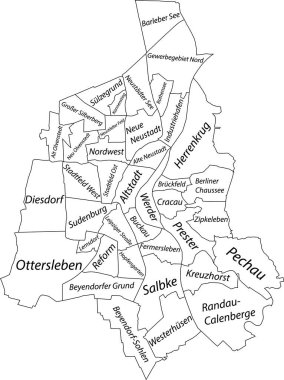 MAGDEBURG 'un beyaz düz vektör idari haritası, bölgelerinin isim etiketleri ve siyah sınır çizgilerine sahip Almanya