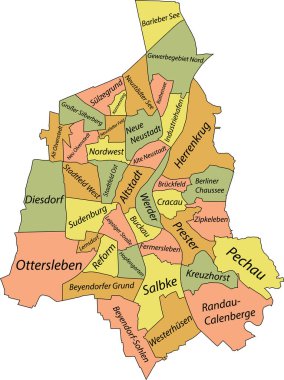 MAGDEBURG 'un Pastel düz vektör idari haritası, bölgelerinin isim etiketleri ve siyah sınır çizgilerine sahip GERMANY
