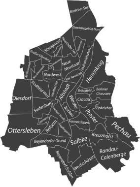 MAGDEBURG 'un koyu gri düz vektör idari haritası, bölgelerinin isim etiketleri ve beyaz sınır çizgileri ile AlmanyaName