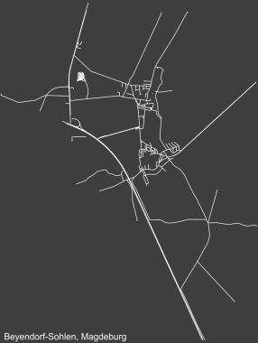 Almanya 'nın başkenti Magdeburg' un BeYENDORF-SOHLEN DISTRICT şehir haritasının beyaz çizgileri koyu gri arka plan üzerine ayrıntılı olarak çizildi