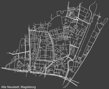Almanya 'nın başkenti Magdeburg' un ALTE NEUSTADT DISTRICT 'inin koyu gri arka plan üzerindeki şehir caddelerinin detaylı haritası