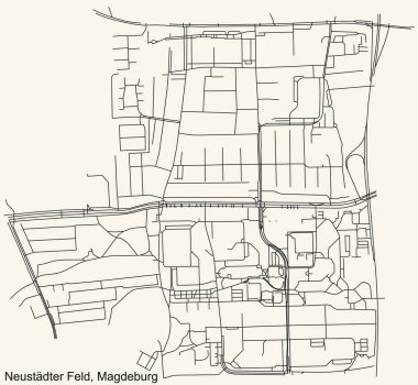 Alman bölgesel başkenti Magdeburg 'un NEUSTDTER FELD DISTRICT şehir haritasının ayrıntılı navigasyon kara hatları klasik bej arka planda