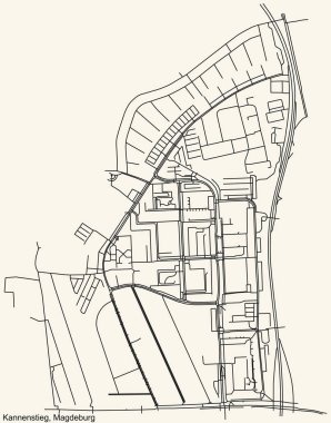 Alman bölgesel başkenti Magdeburg 'un KANNENSTIEG DISTRICT şehir haritasının ayrıntılı navigasyon kara hatları klasik bej arka planda.