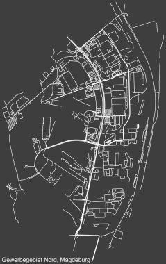 Almanya 'nın başkenti Magdeburg' un GEWERBEGEET NORD DISTRICT 'inin koyu gri arkaplan üzerine şehir caddeleri haritası