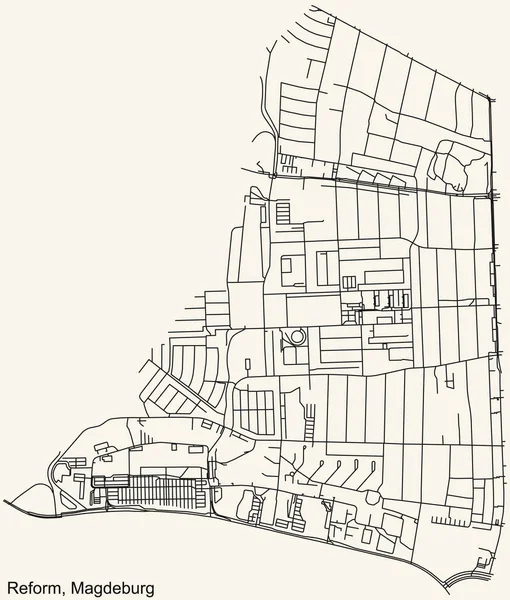 詳細ナビゲーションブラックラインヴィンテージベージュの背景にドイツの地方の首都マクデブルクの改革地区の都市道路地図 — ストックベクタ