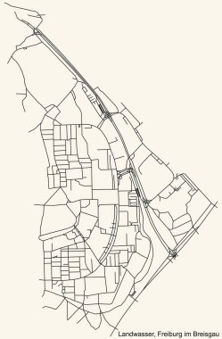 Alman bölgesel başkenti Freiburg im Breisgau 'nun LANDWASSER DISTRICT şehir haritasının ayrıntılı navigasyon kara hatları klasik bej arka plan üzerine Almanya