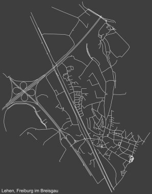 Alman bölgesel başkenti Freiburg im Breisgau 'nun LEHEN DISTRICT şehir haritasının beyaz çizgileri koyu gri arka plan üzerine ayrıntılı olarak çizildi