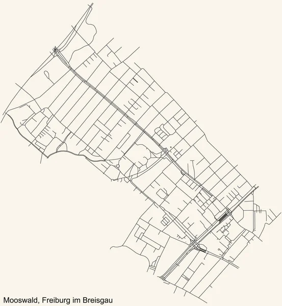 Gedetailleerde Navigatie Zwarte Lijnen Stedelijke Wegenkaart Van Mooswald District Van — Stockvector