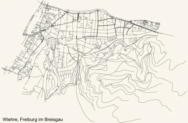Detaillierte Navigation Schwarze Linien Stadtstraßenplan Des Wiehre District Der Landeshauptstadt — Stockvektor