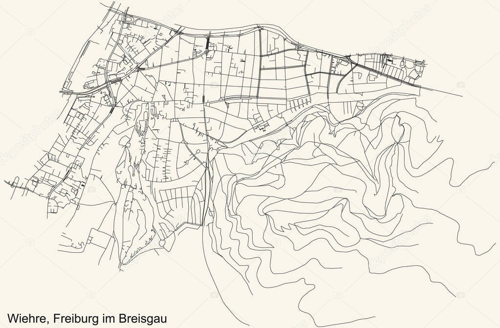 Detailed navigation black lines urban street roads map of the WIEHRE DISTRICT of the German regional capital city of Freiburg im Breisgau, Germany on vintage beige background