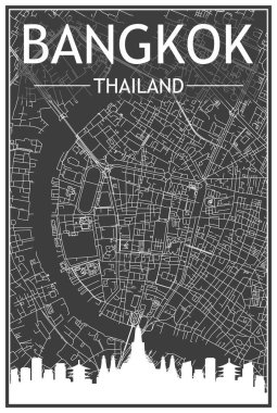 Şehir merkezindeki BANGKOK, THAILAND 'ın koyu gri arka planında panoramik silueti ve elle çizilmiş sokak ağı olan koyu renkli şehir afişi.