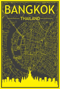 Şehir merkezindeki BANGKOK, THAILAND 'ın koyu gri arka planında panoramik silueti ve elle çizilmiş sokak ağıyla sarı baskı şehir posteri