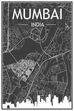 MUMBAI, INDIA şehir merkezinin koyu gri arka planında panoramik silueti ve elle çizilmiş sokak ağı olan koyu renkli şehir posterleri.