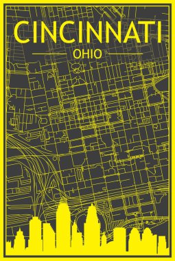 Sarı renkli şehir posteri panoramik silueti ve el çizimi sokak ağı ile şehir merkezi CINCINNATI 'nin koyu gri arka planı, OHIO